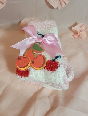 Nwt (2) Pairs A Little Obsessed Ladies Cozy Crew Socks Cherry Themed